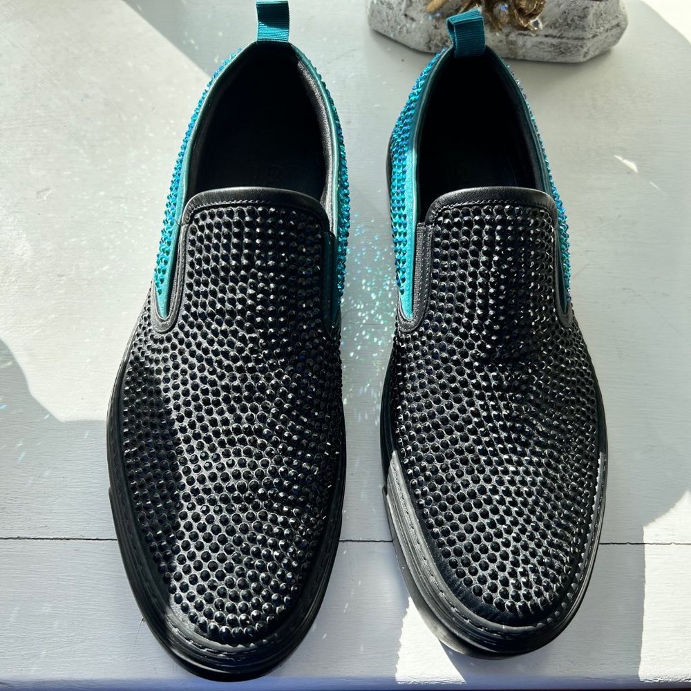 GUCCI STRASS CRYSTALS BLACK BLUE MENS LOW TOP SHOES 11.5 44.5 SNEAKERS AUTHENTIC